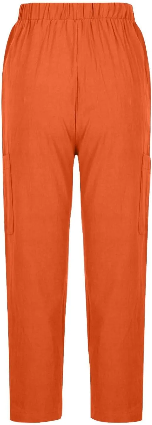 Linen Pants Women Elastic Waist Capris Lightweight Pant Striped Cropped Button Pant Lace Side Trousers Resort Wear