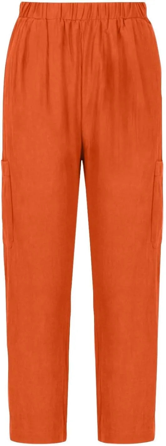 Linen Pants Women Elastic Waist Capris Lightweight Pant Striped Cropped Button Pant Lace Side Trousers Resort Wear