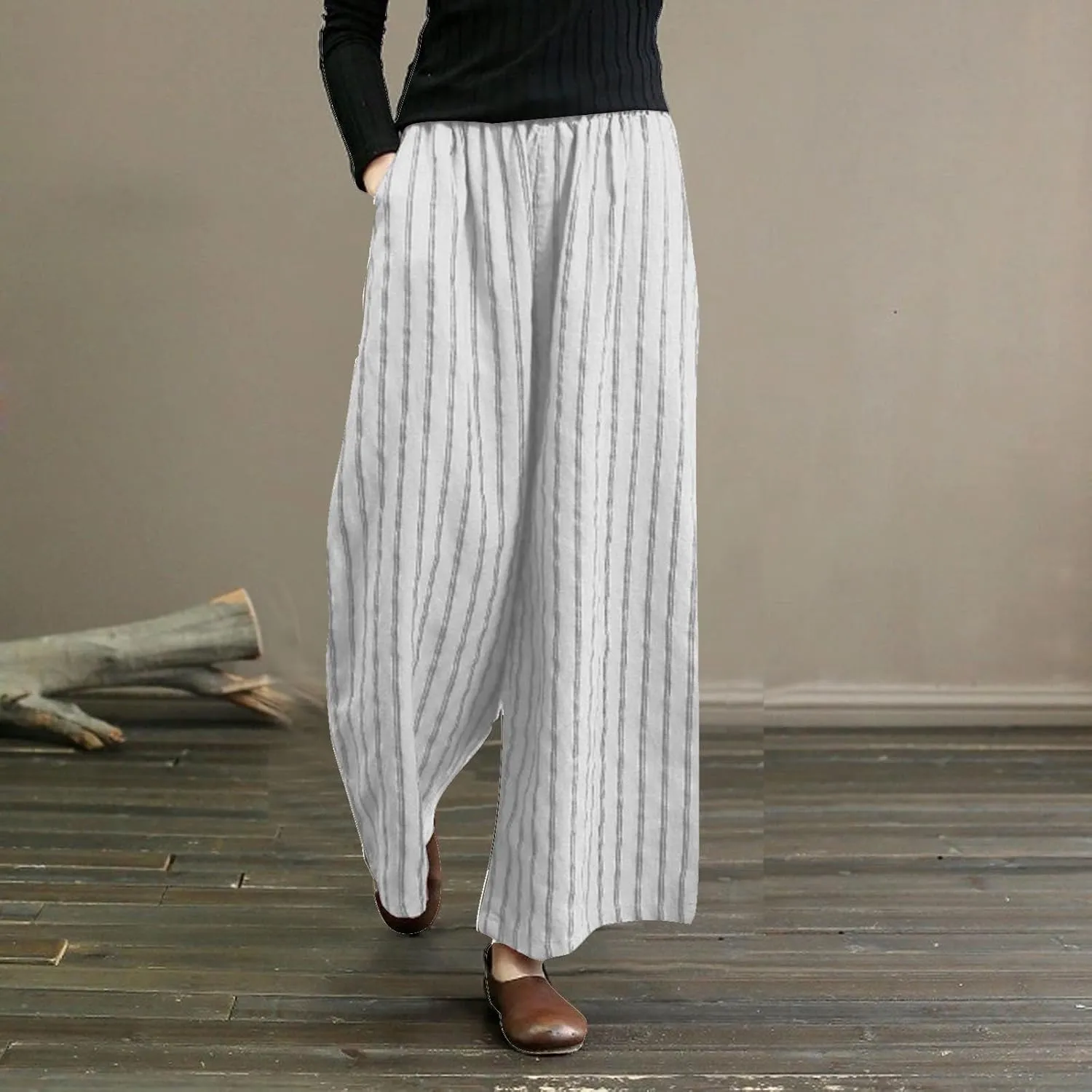 Linen Pants Women Summer Casual Loose Travel Wide Leg Flowy Pants Boho Elastic Waist Linen Beach Pants Trousers