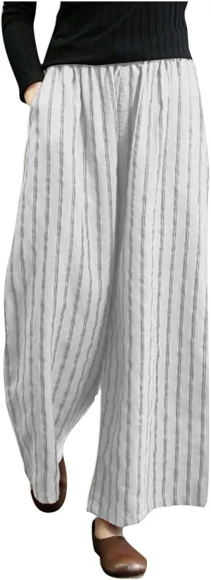 Linen Pants Women Summer Casual Loose Travel Wide Leg Flowy Pants Boho Elastic Waist Linen Beach Pants Trousers