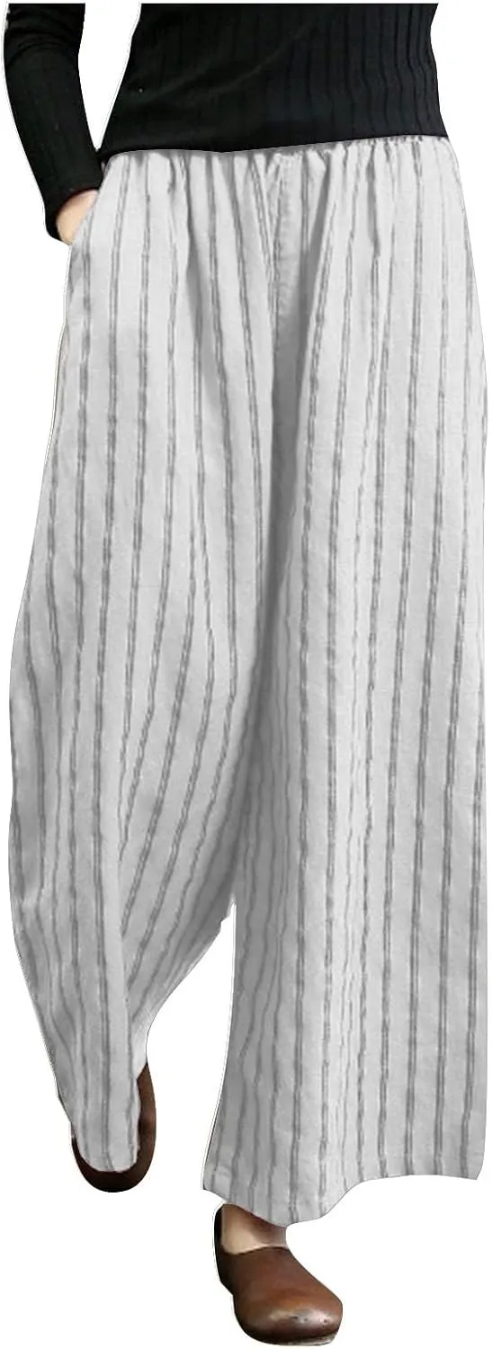 Linen Pants Women Summer Casual Loose Travel Wide Leg Flowy Pants Boho Elastic Waist Linen Beach Pants Trousers