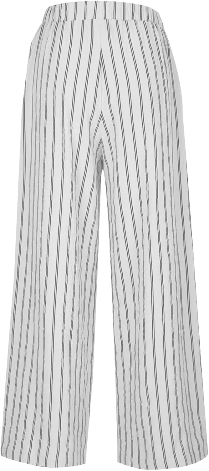 Linen Pants Women Summer Casual Loose Travel Wide Leg Flowy Pants Boho Elastic Waist Linen Beach Pants Trousers