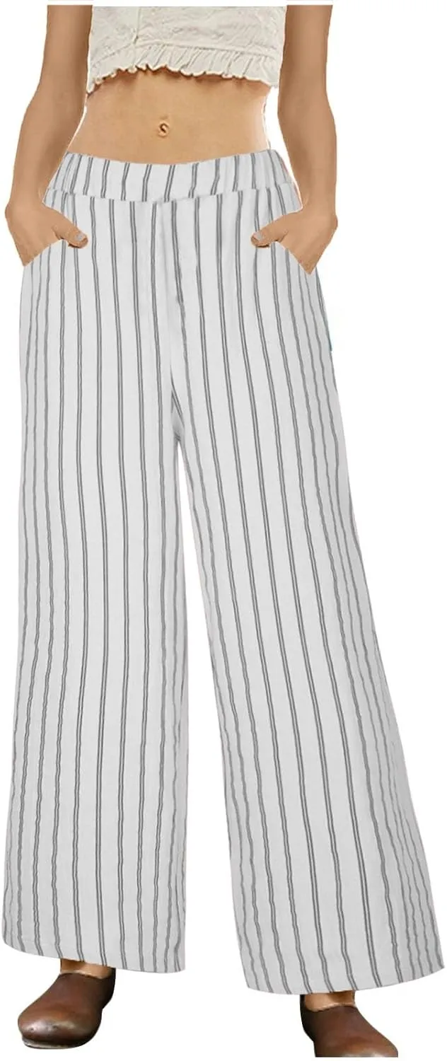 Linen Pants Women Summer Casual Loose Travel Wide Leg Flowy Pants Boho Elastic Waist Linen Beach Pants Trousers