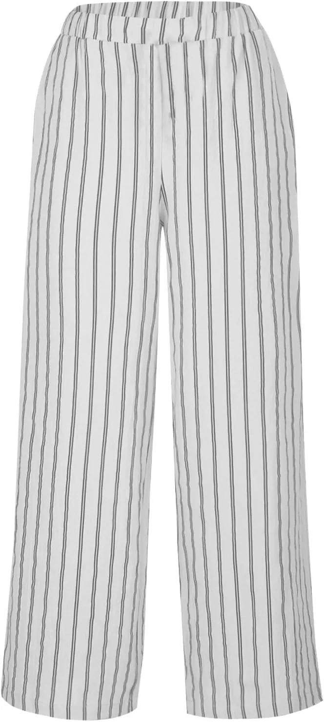 Linen Pants Women Summer Casual Loose Travel Wide Leg Flowy Pants Boho Elastic Waist Linen Beach Pants Trousers