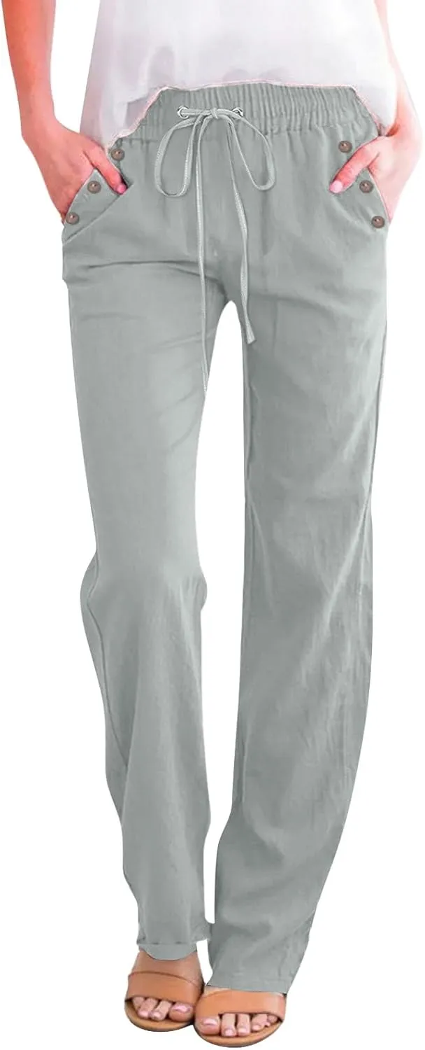 Linen Pants Women Summer Drawstring High Waist Straight Leg Pants Casual Dressy Work Pants Vacation Beach Trousers Pockets