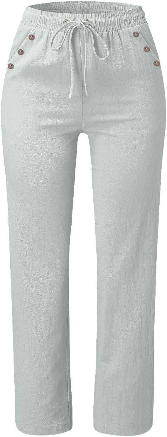Linen Pants Women Summer Drawstring High Waist Straight Leg Pants Casual Dressy Work Pants Vacation Beach Trousers Pockets