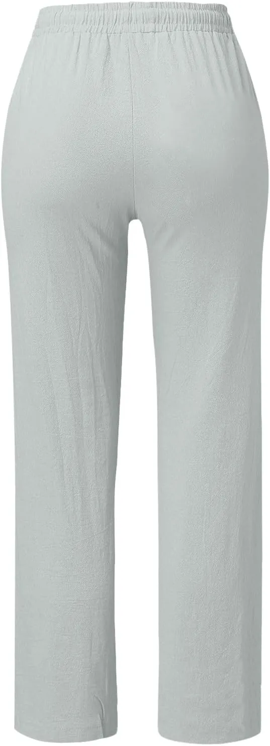 Linen Pants Women Summer Drawstring High Waist Straight Leg Pants Casual Dressy Work Pants Vacation Beach Trousers Pockets