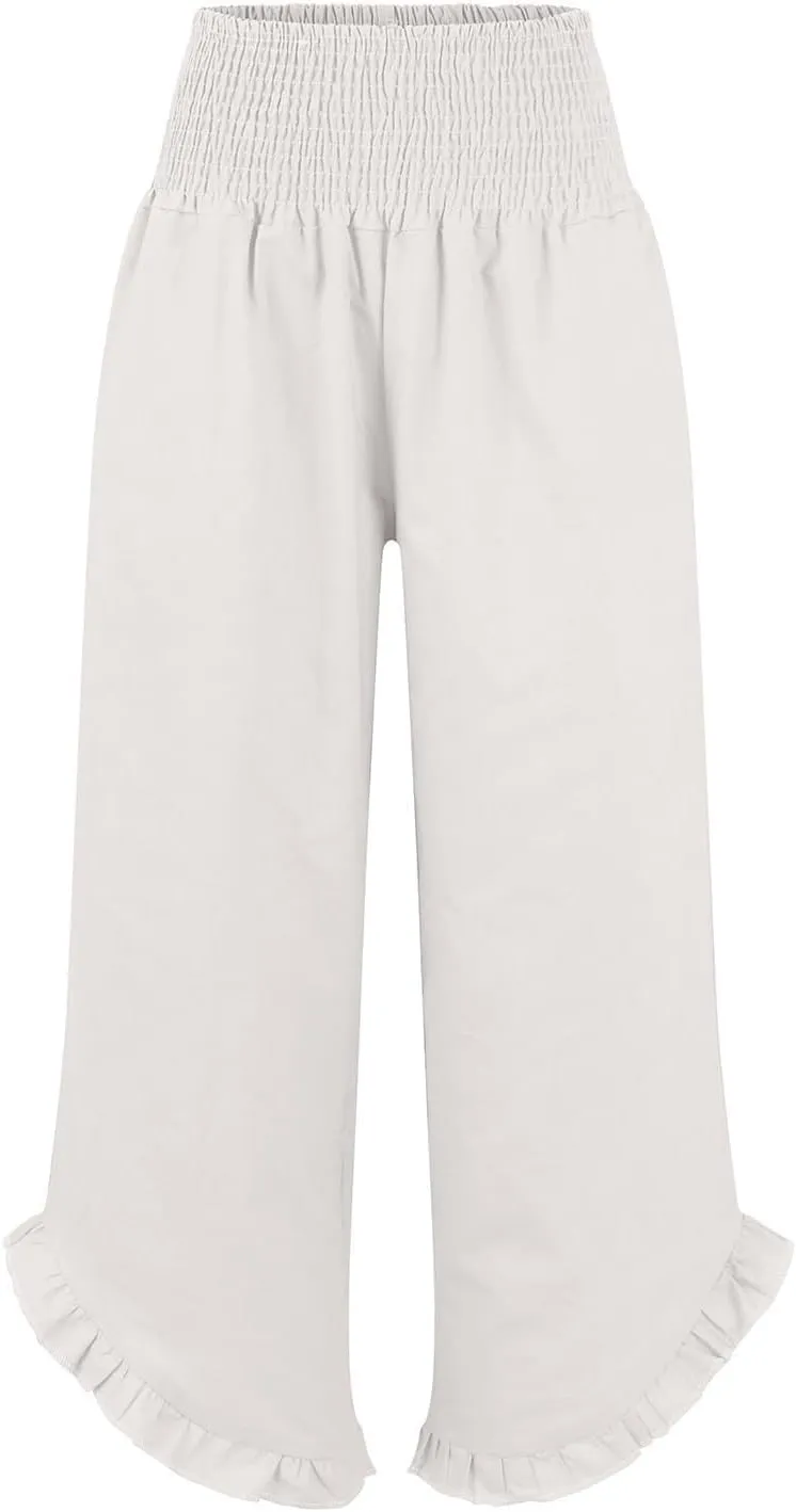 Linen Wide Leg Pants for Women Stretch Smocked High Waisted Ruffle Hem Palazzo Pants Summer Casual Loose Beach Pants