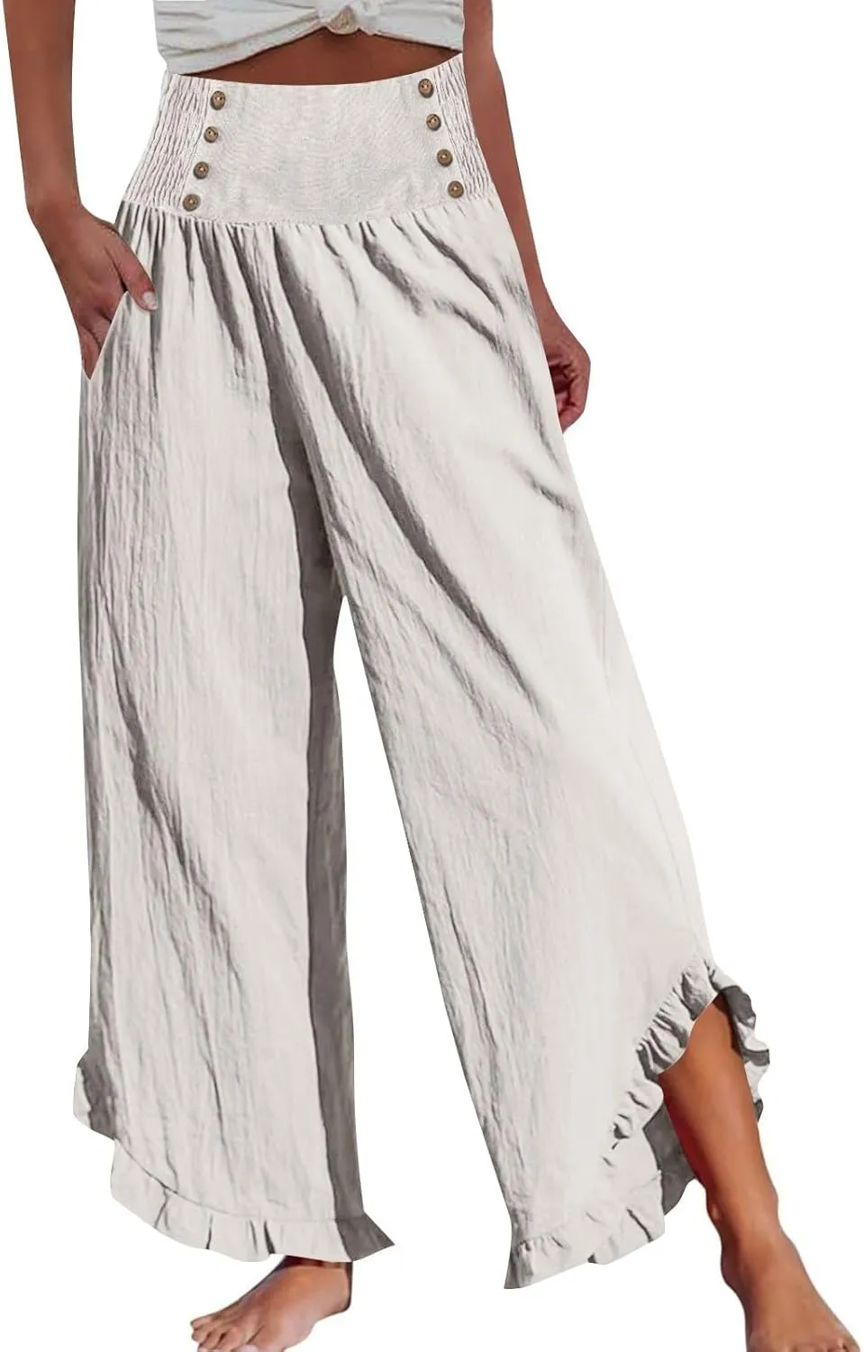 Linen Wide Leg Pants for Women Stretch Smocked High Waisted Ruffle Hem Palazzo Pants Summer Casual Loose Beach Pants