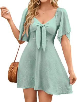 LLHXRUI Women's Twist Front Bowknot Ruffle Spring Summer Dress Casual Deep V Neck Elegant Bow tie Flowy Tunic Mini Dresses