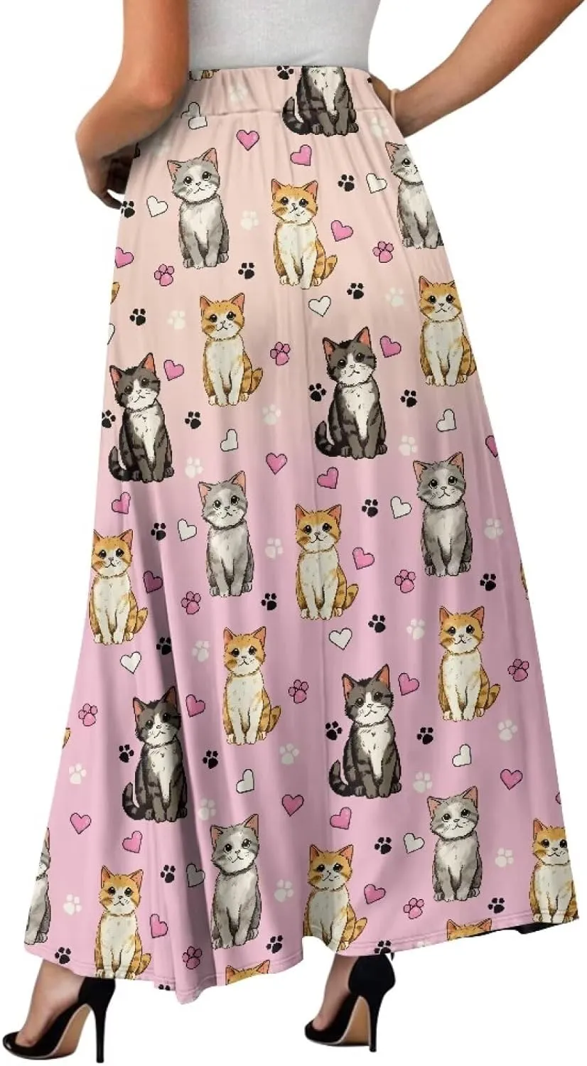 Long Skirts for Women with 2 Side Pockets A-Line Maxi Length Skirt Elastic Waistband S to 2XL Floral Printed Summer