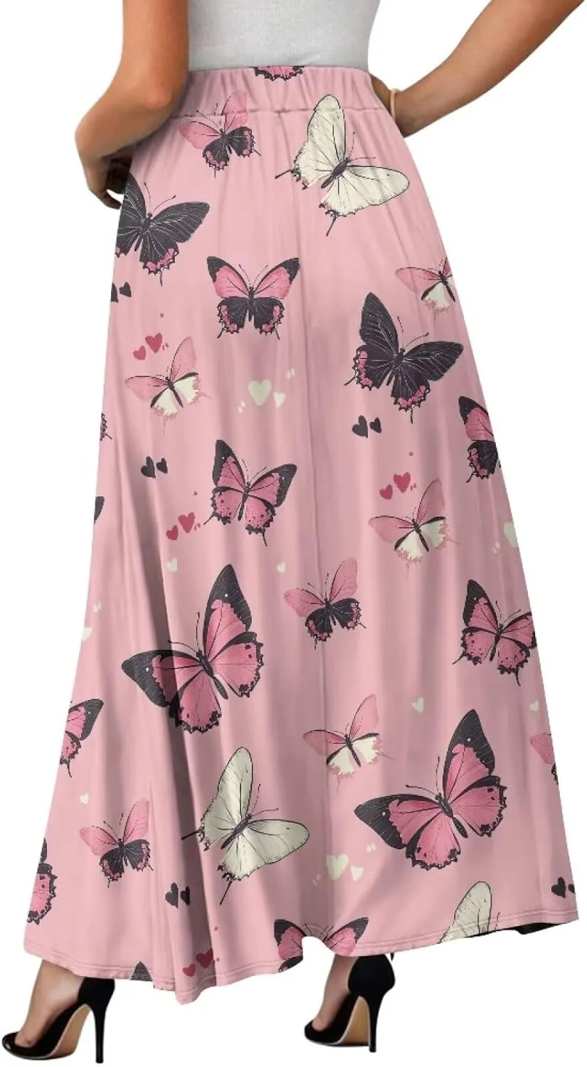 Long Skirts for Women with 2 Side Pockets A-Line Maxi Length Skirt Elastic Waistband S to 2XL Floral Printed Summer