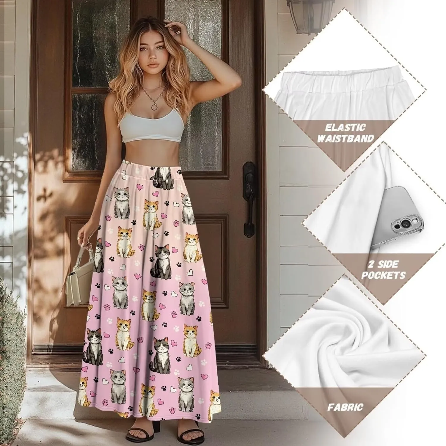 Long Skirts for Women with 2 Side Pockets A-Line Maxi Length Skirt Elastic Waistband S to 2XL Floral Printed Summer