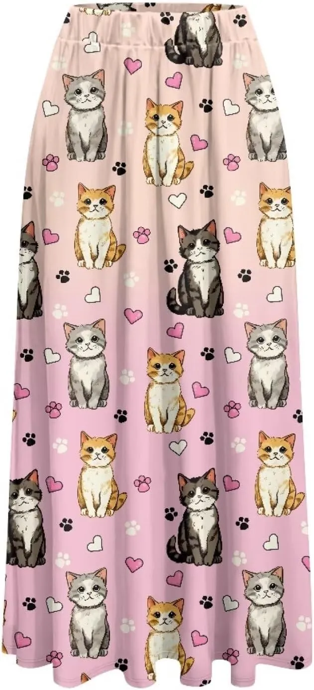 Long Skirts for Women with 2 Side Pockets A-Line Maxi Length Skirt Elastic Waistband S to 2XL Floral Printed Summer