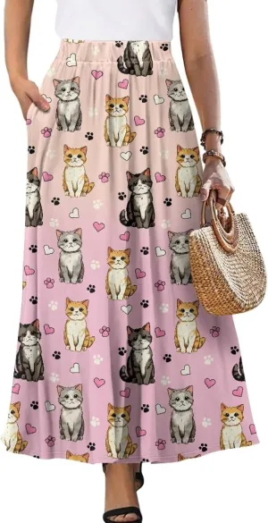 Long Skirts for Women with 2 Side Pockets A-Line Maxi Length Skirt Elastic Waistband S to 2XL Floral Printed Summer