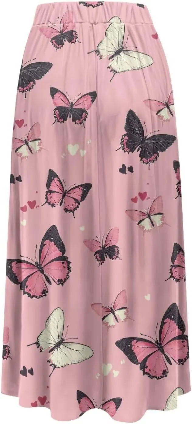 Long Skirts for Women with 2 Side Pockets A-Line Maxi Length Skirt Elastic Waistband S to 2XL Floral Printed Summer