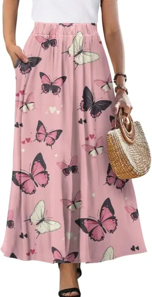 Long Skirts for Women with 2 Side Pockets A-Line Maxi Length Skirt Elastic Waistband S to 2XL Floral Printed Summer