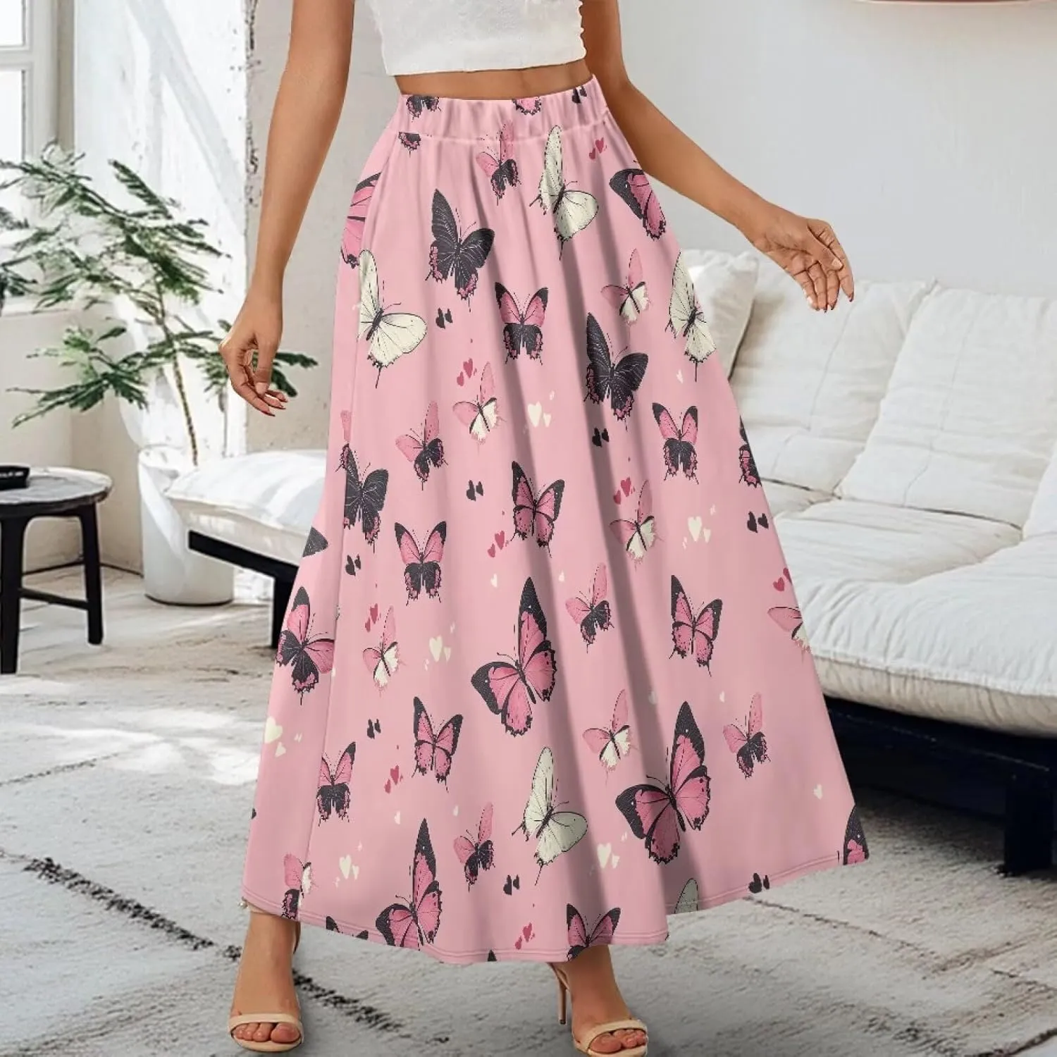 Long Skirts for Women with 2 Side Pockets A-Line Maxi Length Skirt Elastic Waistband S to 2XL Floral Printed Summer