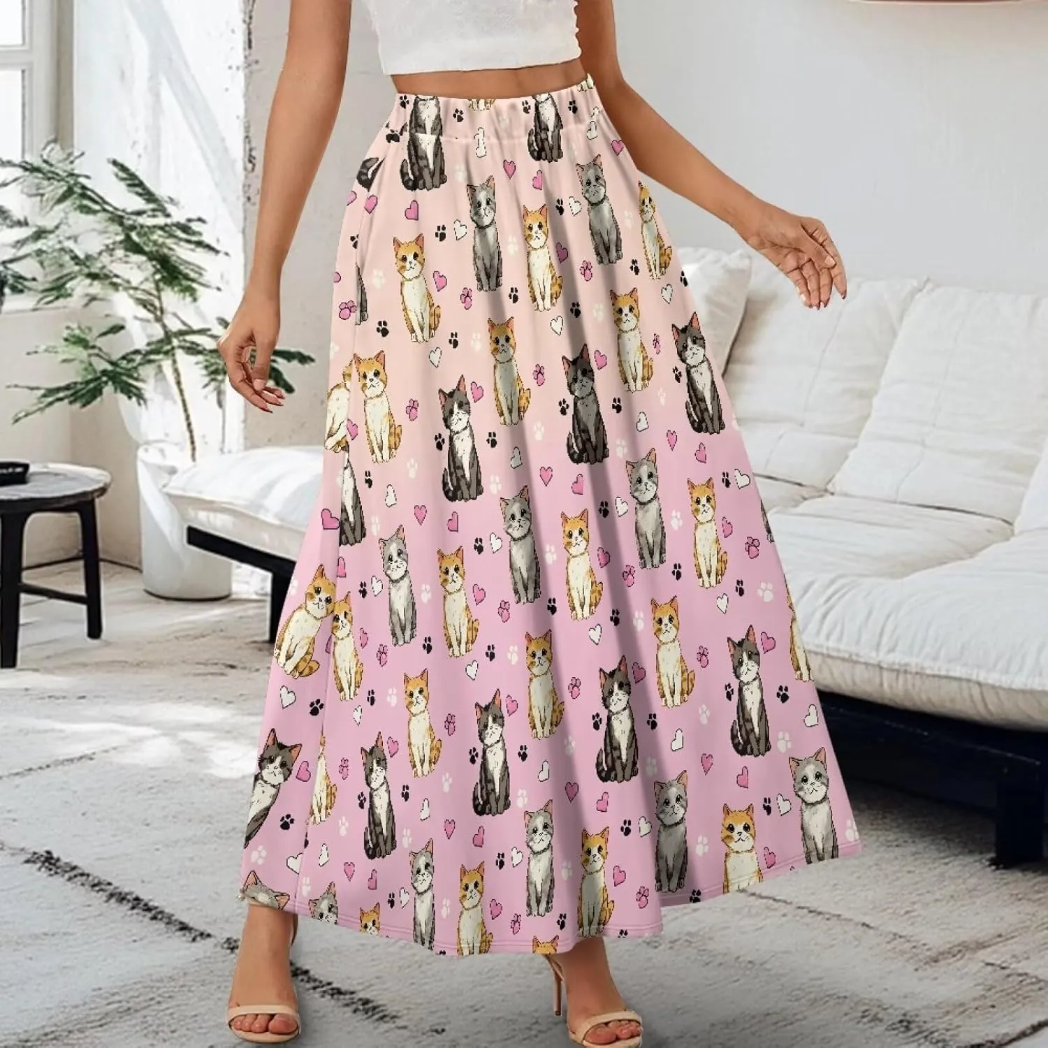 Long Skirts for Women with 2 Side Pockets A-Line Maxi Length Skirt Elastic Waistband S to 2XL Floral Printed Summer