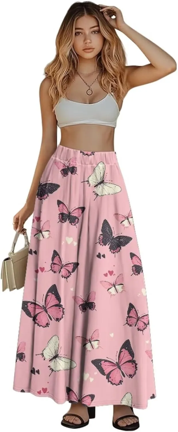 Long Skirts for Women with 2 Side Pockets A-Line Maxi Length Skirt Elastic Waistband S to 2XL Floral Printed Summer
