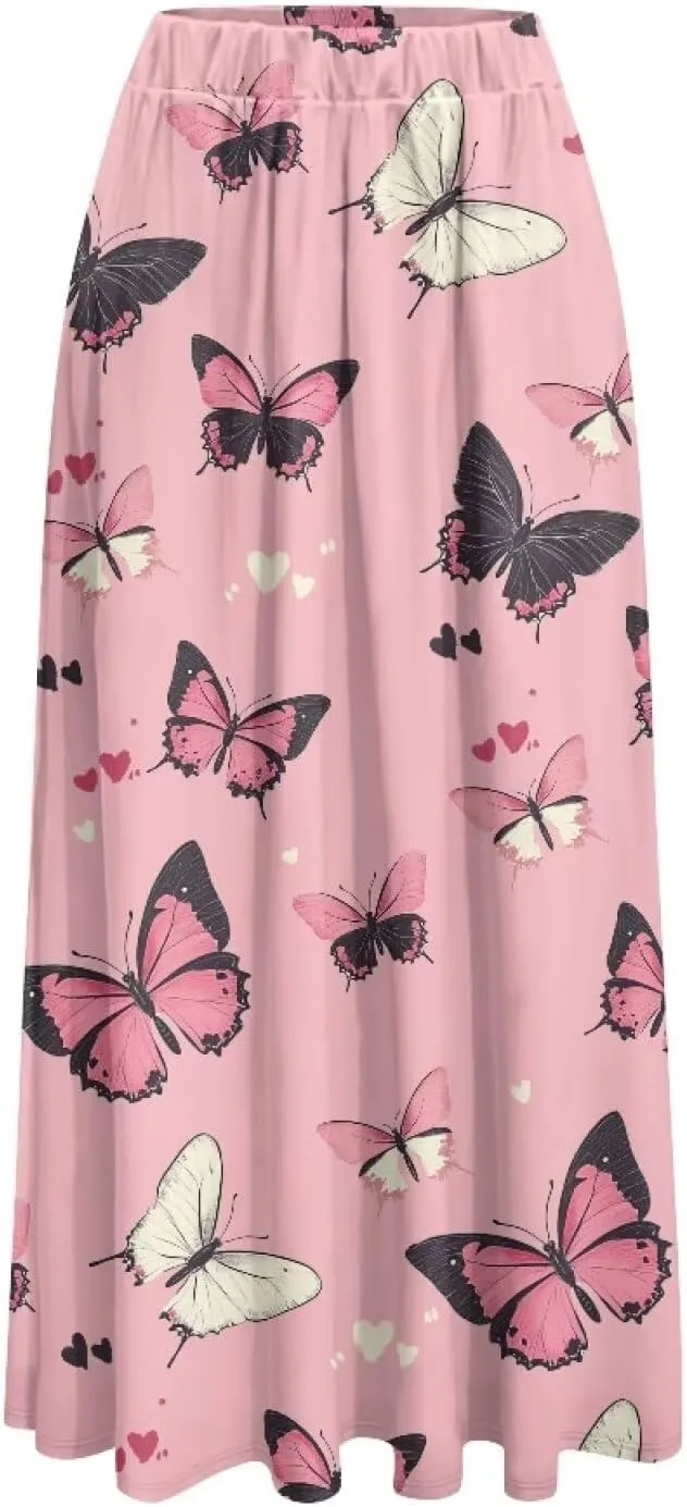 Long Skirts for Women with 2 Side Pockets A-Line Maxi Length Skirt Elastic Waistband S to 2XL Floral Printed Summer