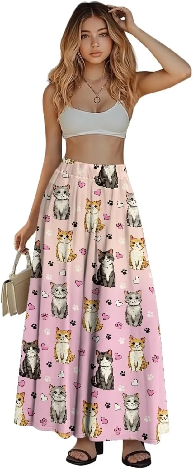 Long Skirts for Women with 2 Side Pockets A-Line Maxi Length Skirt Elastic Waistband S to 2XL Floral Printed Summer