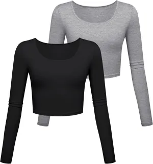 Long Sleeve Crop Tops for Women Workout Basic Clothes for Teen Ladies Fitted Slim Scoop Neck Cute Yoga Shirts