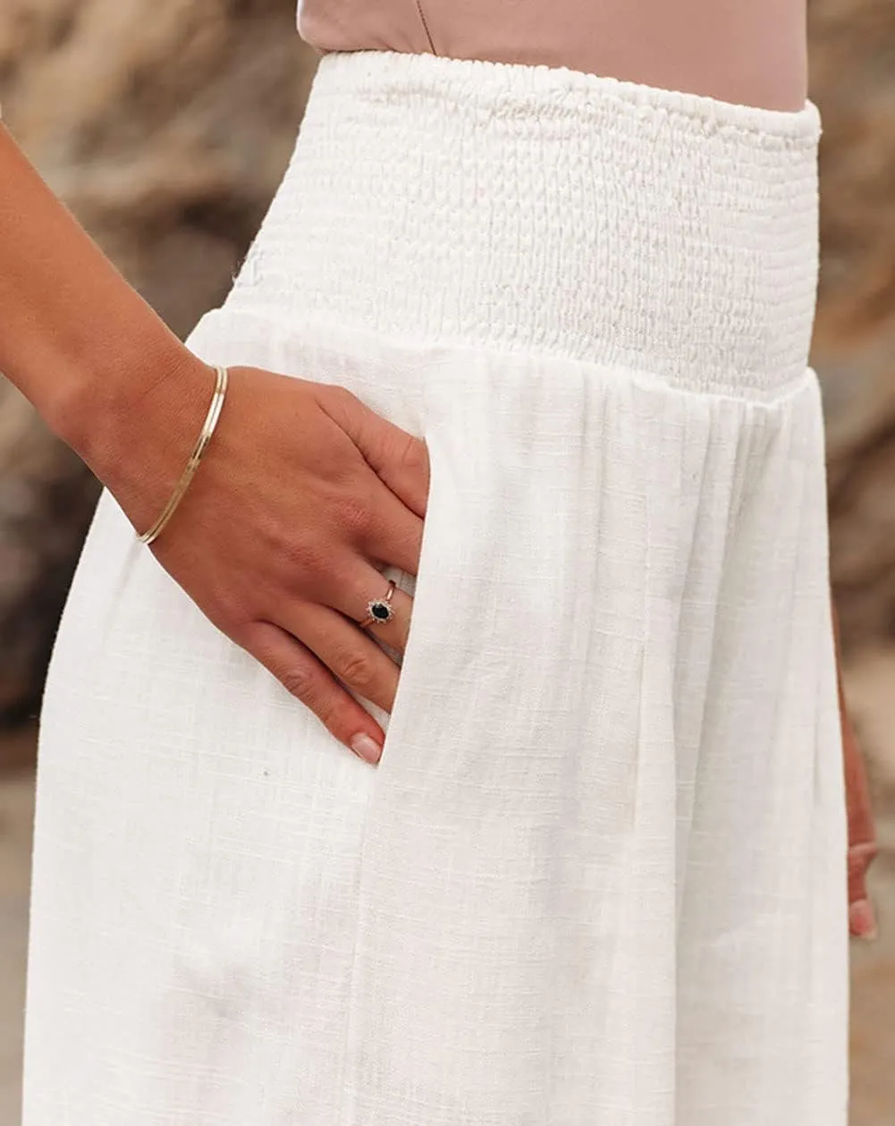 loveimgs Women's Boho Cotton Linen Wide Leg Lounge Pants Elastic Waist Beach Palazzo with Pocket