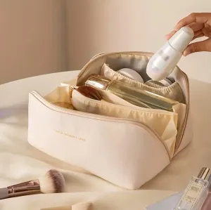 Luxury Makeup Bag for Women, Cosmetic bag, Makeup case,Travel makeup bag,Toiletry bag, Large, Waterproof, portable, Open Flat, Make up Organizer with Divider and Handle (White)