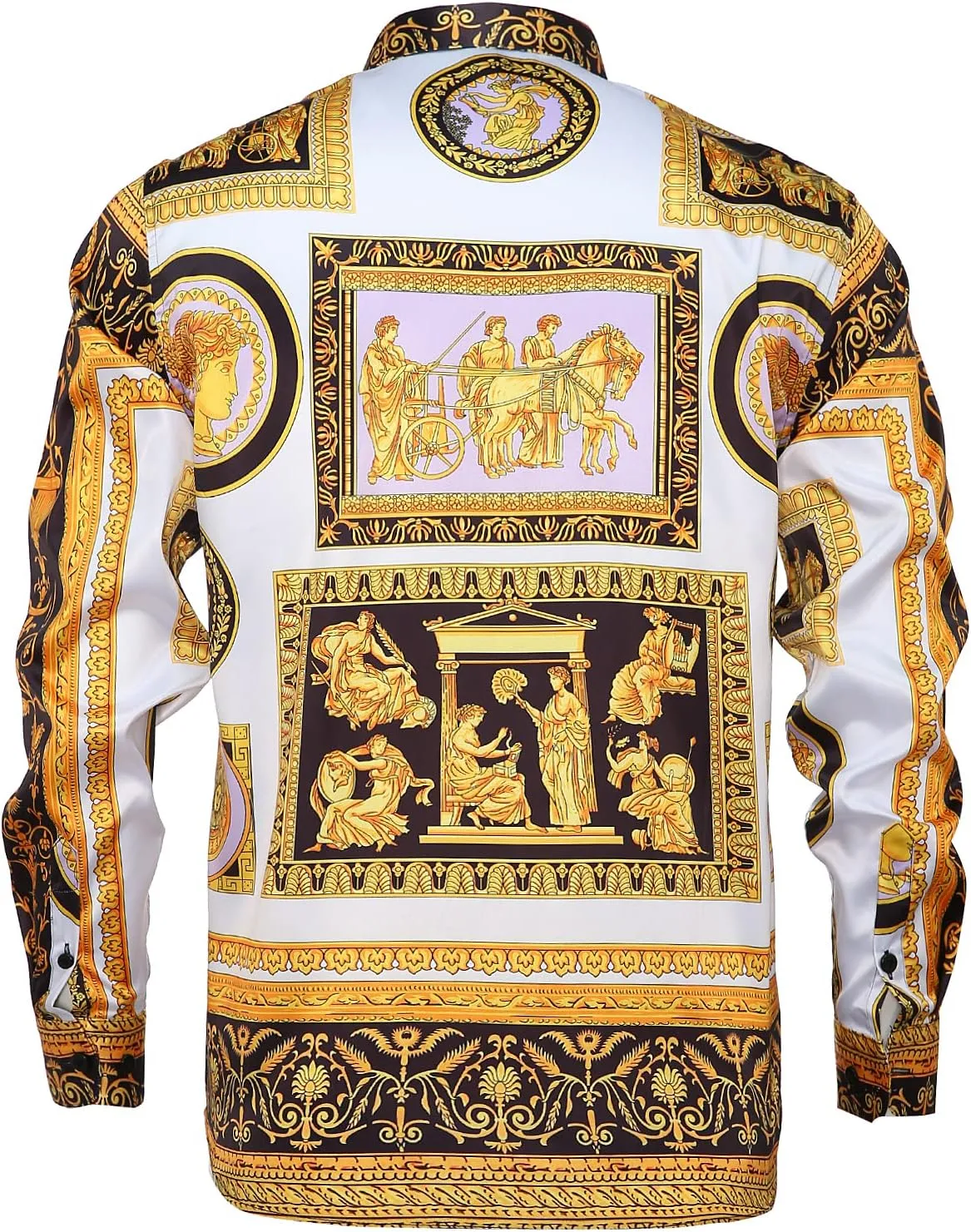Men Gold Fashion Luxury Printed Satin Long Sleeve Button-Down Shirts Flashy Retro Gorgeous Design Party Gift Shirt