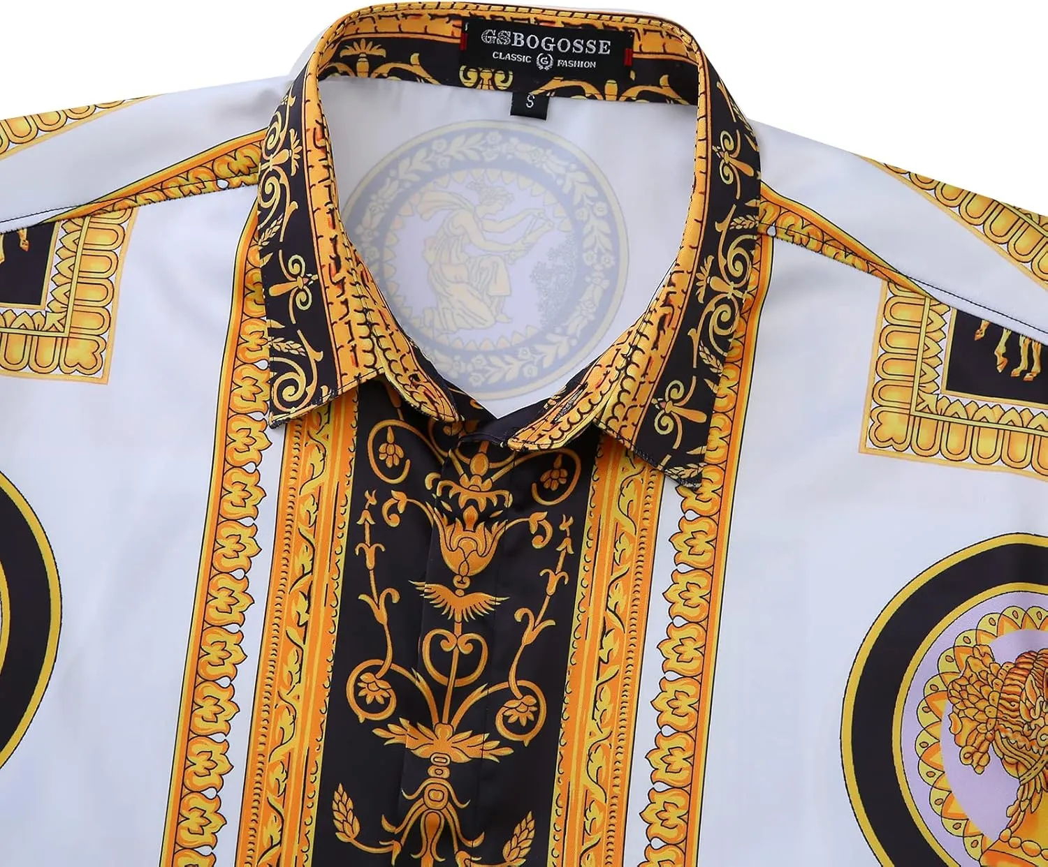 Men Gold Fashion Luxury Printed Satin Long Sleeve Button-Down Shirts Flashy Retro Gorgeous Design Party Gift Shirt