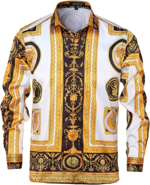 Men Gold Fashion Luxury Printed Satin Long Sleeve Button-Down Shirts Flashy Retro Gorgeous Design Party Gift Shirt