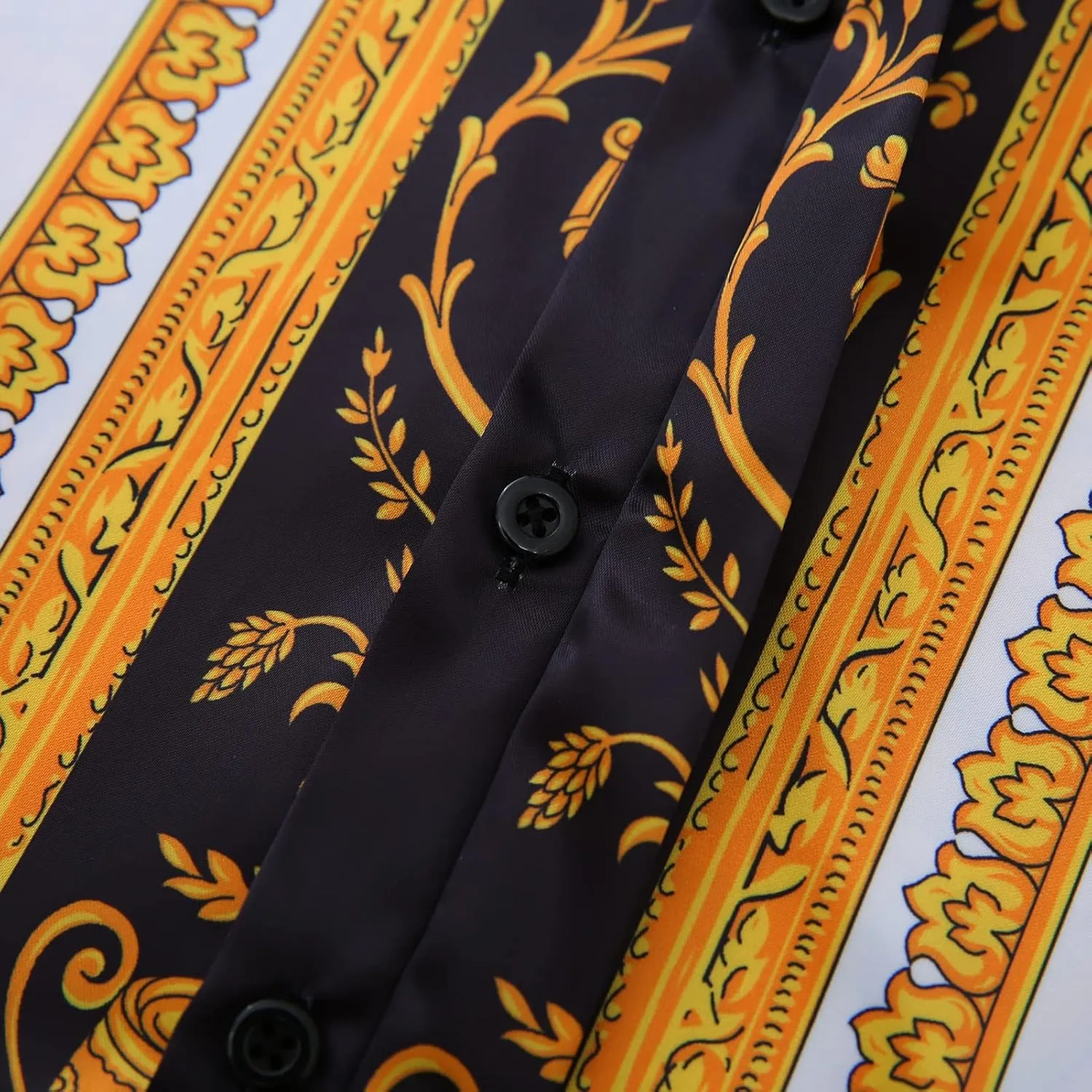 Men Gold Fashion Luxury Printed Satin Long Sleeve Button-Down Shirts Flashy Retro Gorgeous Design Party Gift Shirt