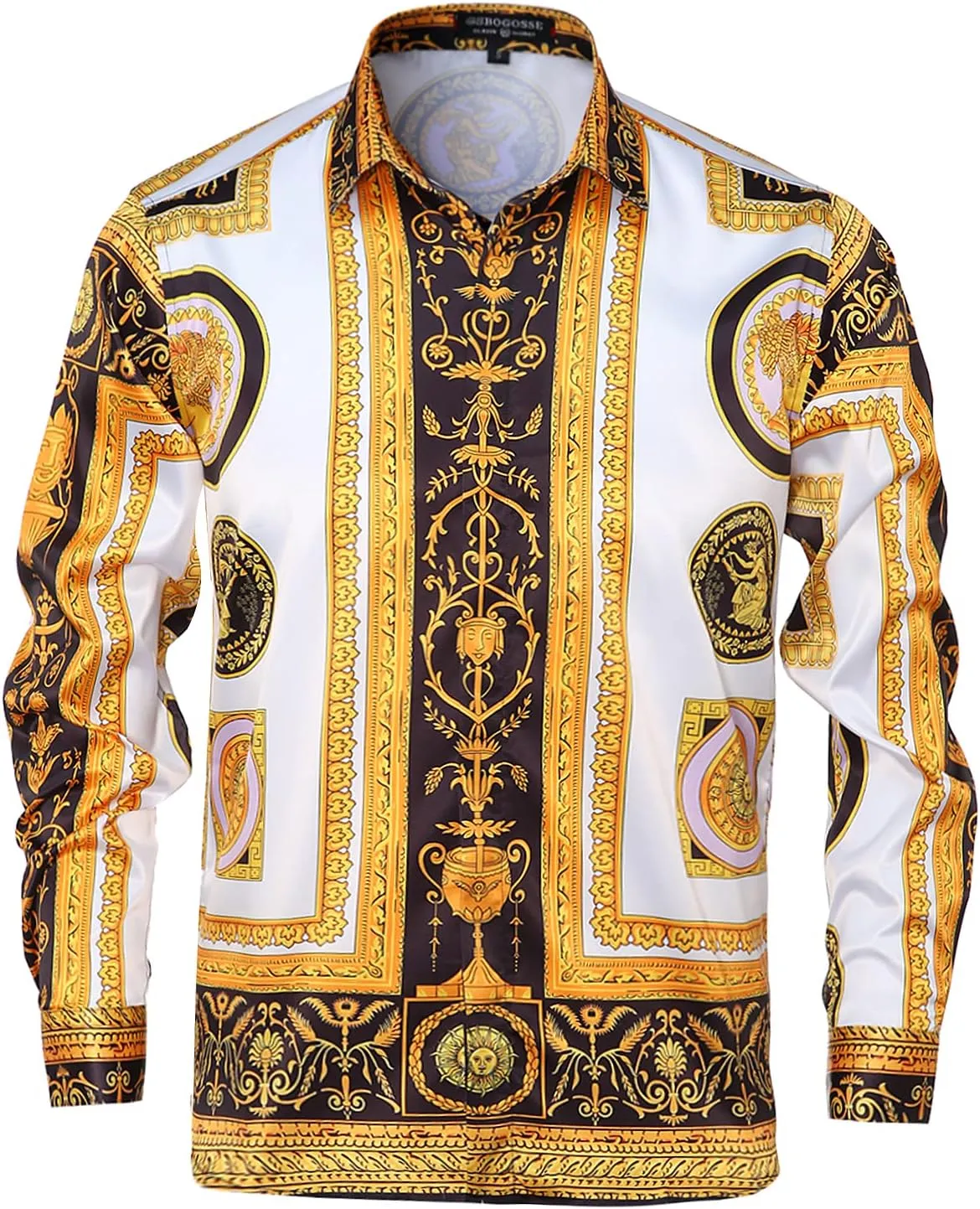 Men Gold Fashion Luxury Printed Satin Long Sleeve Button-Down Shirts Flashy Retro Gorgeous Design Party Gift Shirt