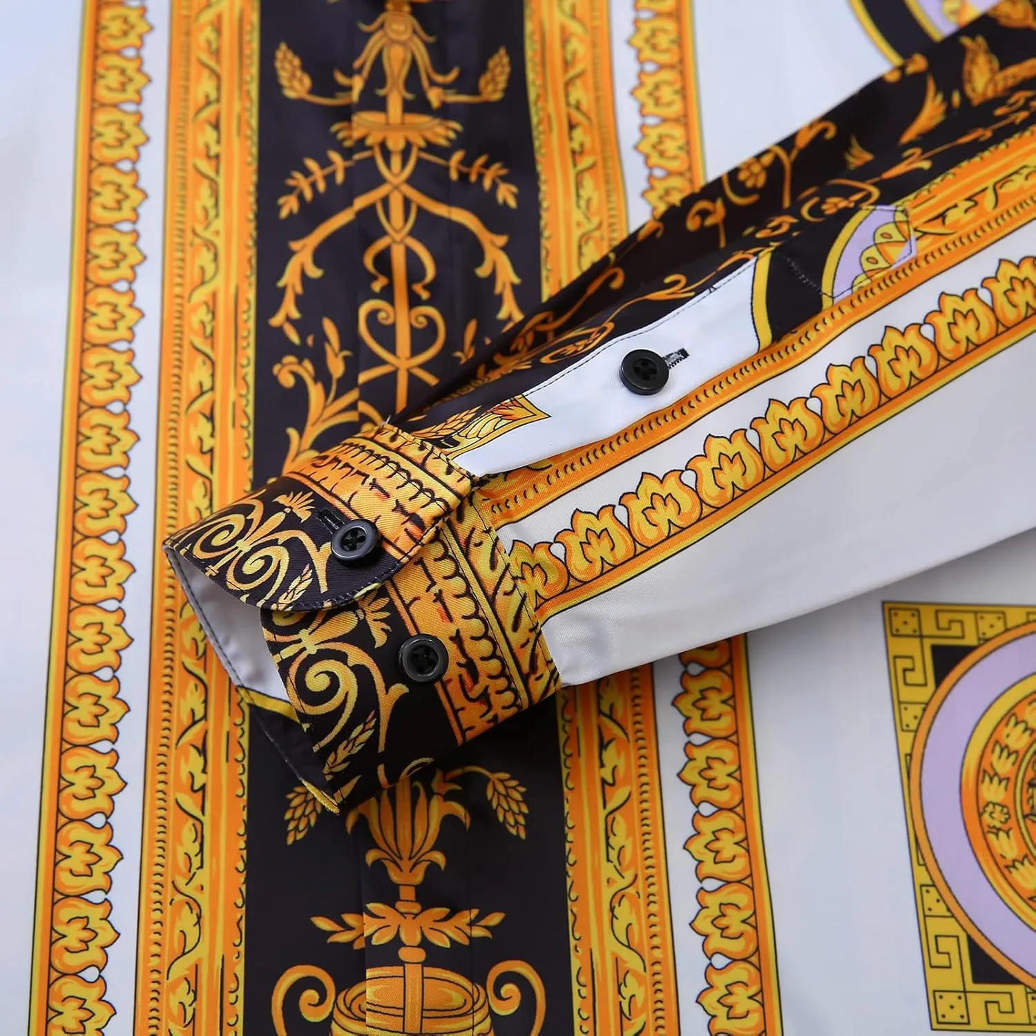 Men Gold Fashion Luxury Printed Satin Long Sleeve Button-Down Shirts Flashy Retro Gorgeous Design Party Gift Shirt