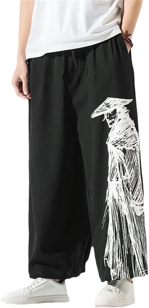Men Print Baggy Harem Pants Hip-Hop Wide Leg Trousers Vintage Long Pants