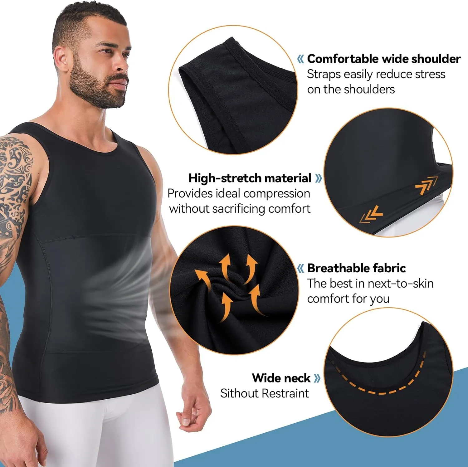 Mens Body Shaper, Compression Shapewear Vest Slimming Undershirt Tank Top, Tummy Control Chest, Hide Gynecomastia