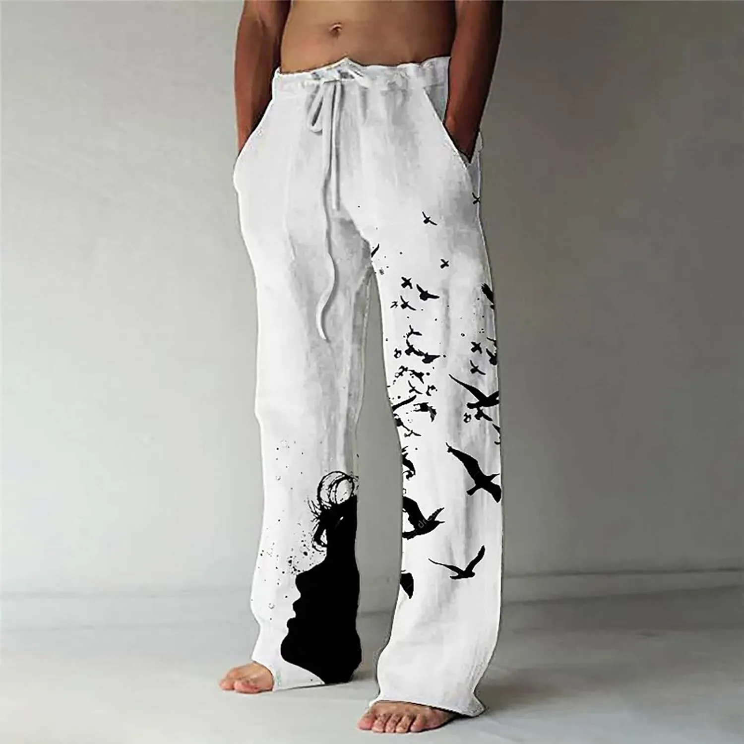 Mens Casual Cotton Linen Pants Fashion Hawaiian Print Trousers Workout Running Joggers Beach Pants Chino Pants