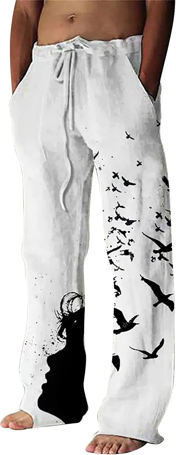 Mens Casual Cotton Linen Pants Fashion Hawaiian Print Trousers Workout Running Joggers Beach Pants Chino Pants