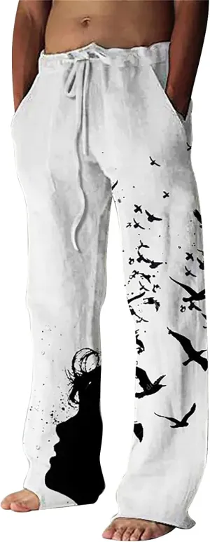 Mens Casual Cotton Linen Pants Fashion Hawaiian Print Trousers Workout Running Joggers Beach Pants Chino Pants