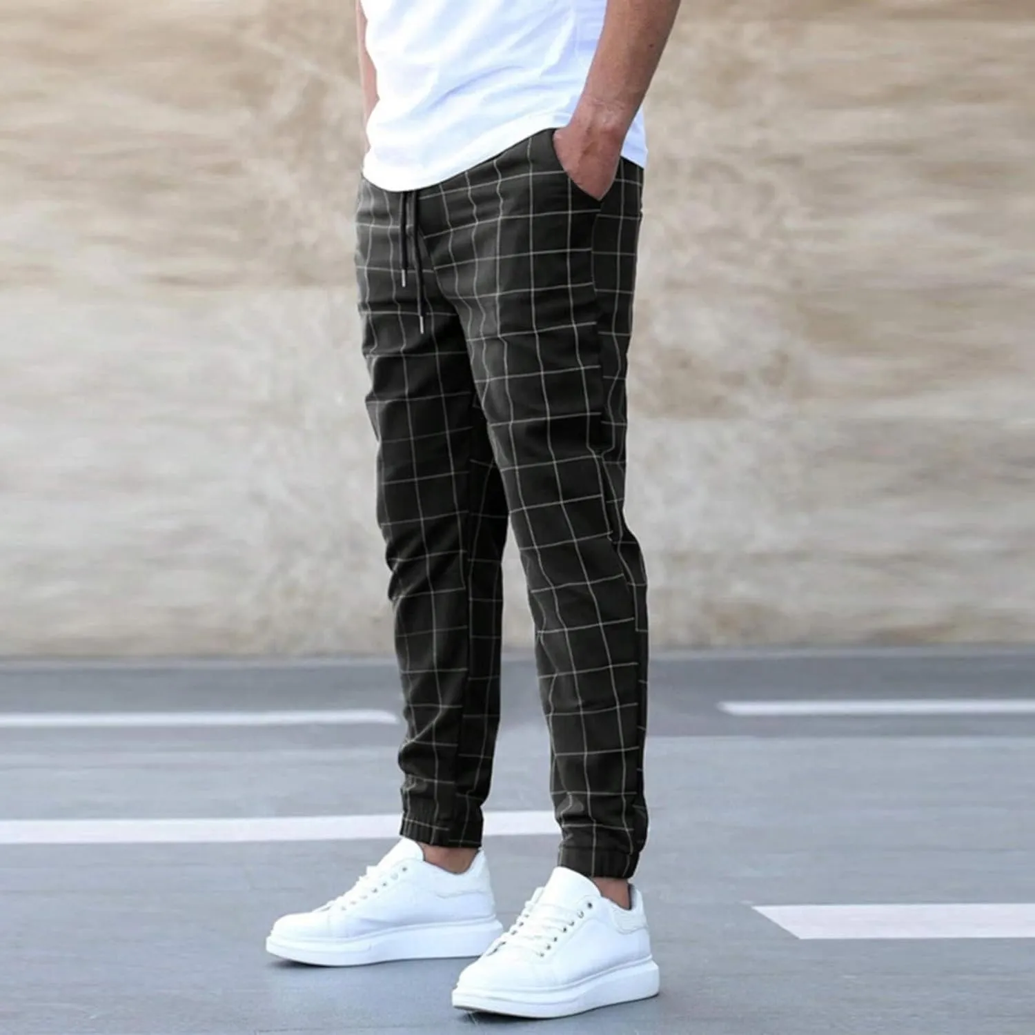 Men's Casual Plaid Pants Drawstring Stretch Dress Pants Slim Fit Skinny Chinos Tapered Business Casual Cinch Pants