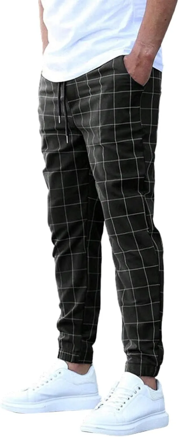 Men's Casual Plaid Pants Drawstring Stretch Dress Pants Slim Fit Skinny Chinos Tapered Business Casual Cinch Pants