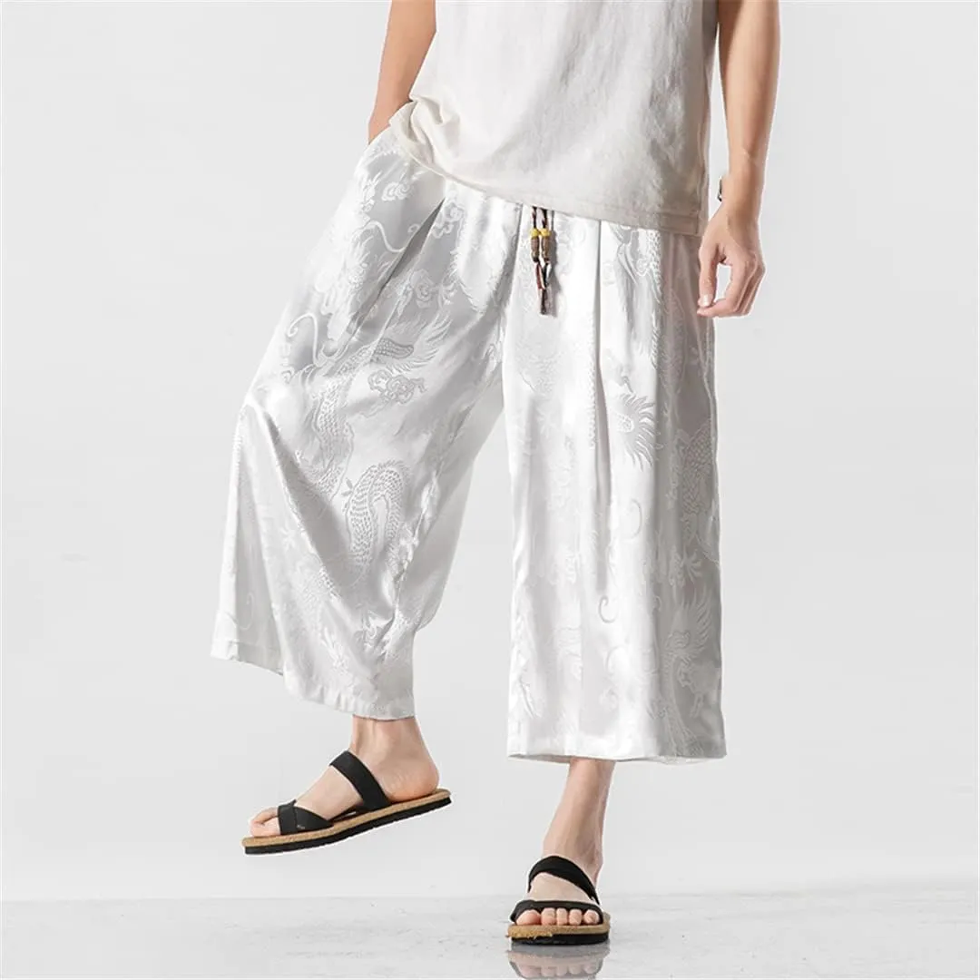Men's Causal Baggy Pants Draped Harem Pants Wide Leg Calf-Length Trousers Jogging Pantalon