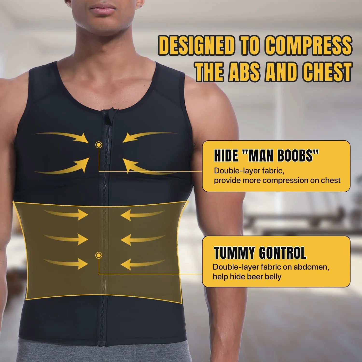 Mens Compression Zipper Vest,Gynecomastia Tummy Control Shirt,Back Support Shapewear Slimming Undershirt
