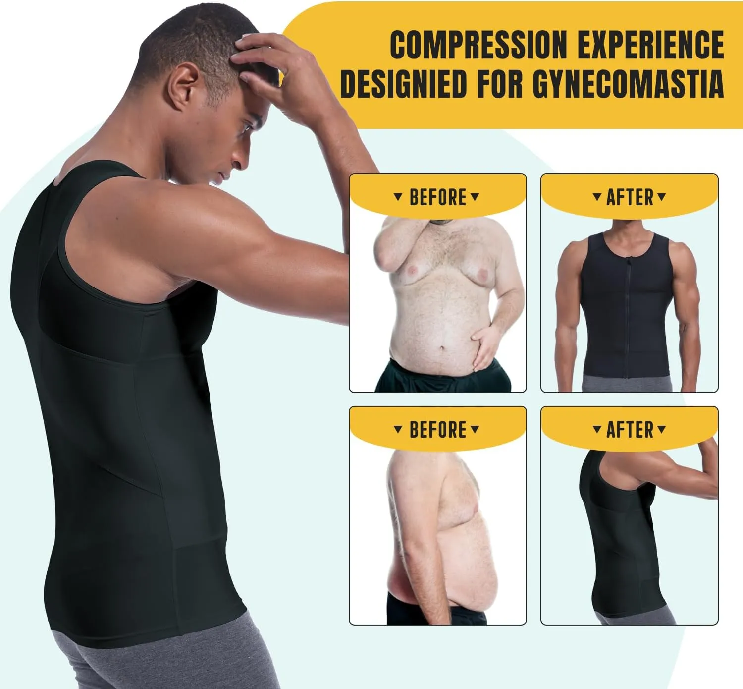 Mens Compression Zipper Vest,Gynecomastia Tummy Control Shirt,Back Support Shapewear Slimming Undershirt