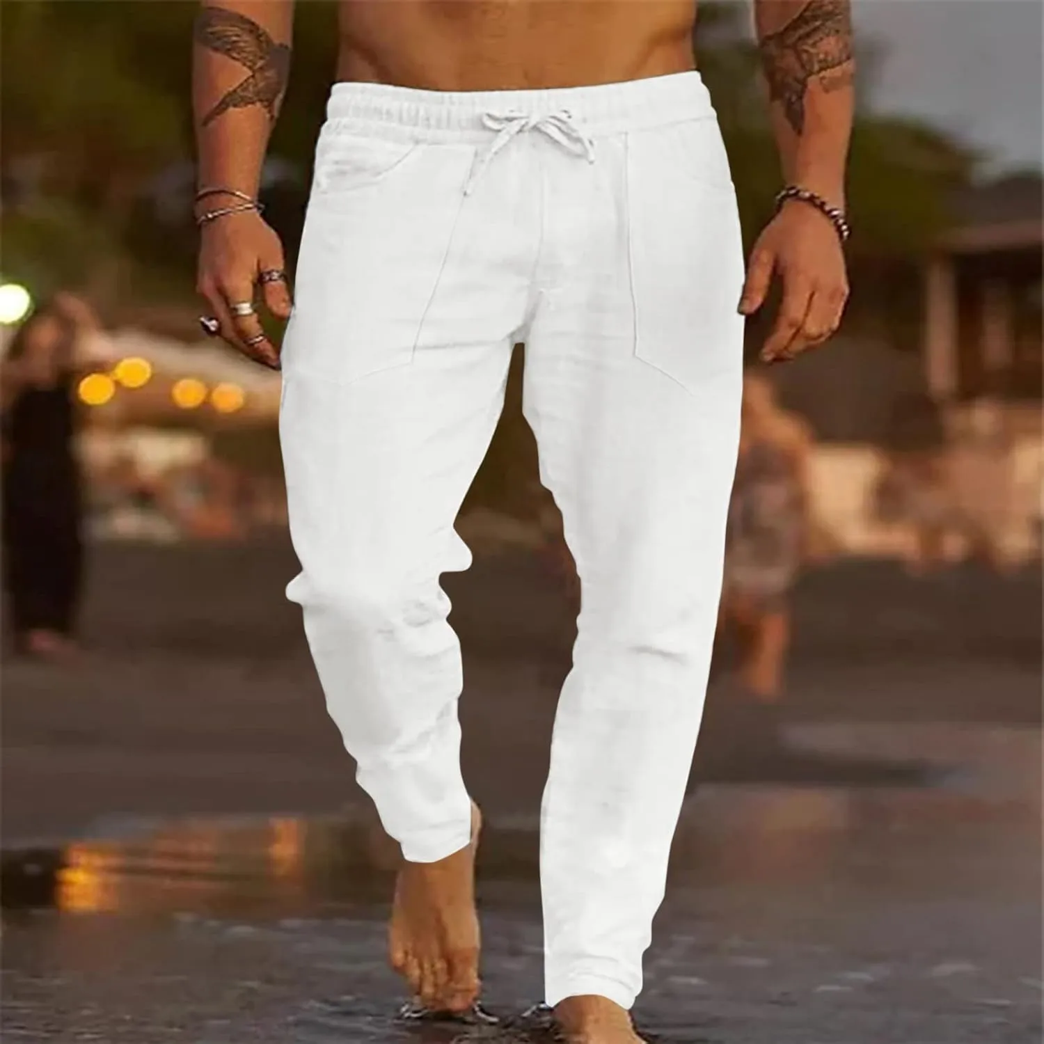 Men's Cotton Linen Loose Pants Casual Drawstring Elastic Waist Beach Trousers Solid Color Fashion Summer Trousers