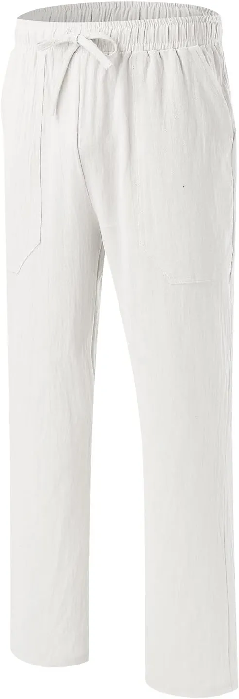 Men's Cotton Linen Loose Pants Casual Drawstring Elastic Waist Beach Trousers Solid Color Fashion Summer Trousers