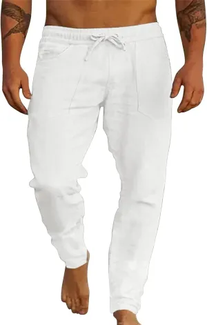 Men's Cotton Linen Loose Pants Casual Drawstring Elastic Waist Beach Trousers Solid Color Fashion Summer Trousers