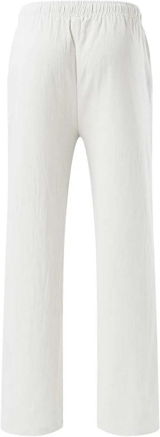 Men's Cotton Linen Loose Pants Casual Drawstring Elastic Waist Beach Trousers Solid Color Fashion Summer Trousers