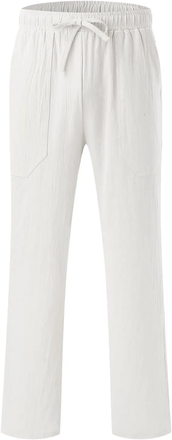 Men's Cotton Linen Loose Pants Casual Drawstring Elastic Waist Beach Trousers Solid Color Fashion Summer Trousers